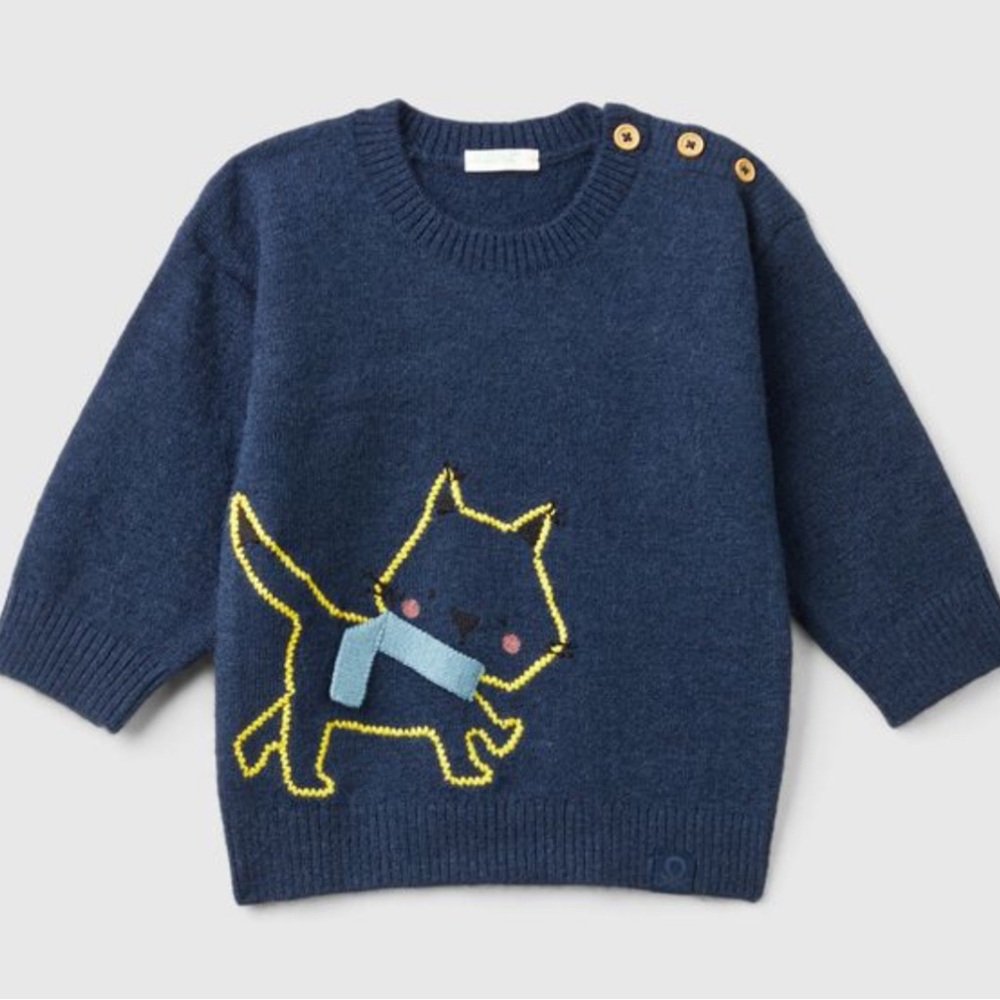 Baby Benetton Navy blue Sweater with embroidered Cat Design 3-6m